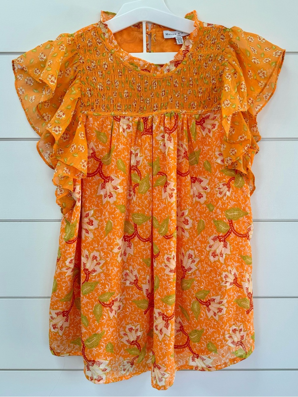 Maison d’Amélie Paris Marigold Floral Smocked Flutter Sleeve Boho Blouse XS